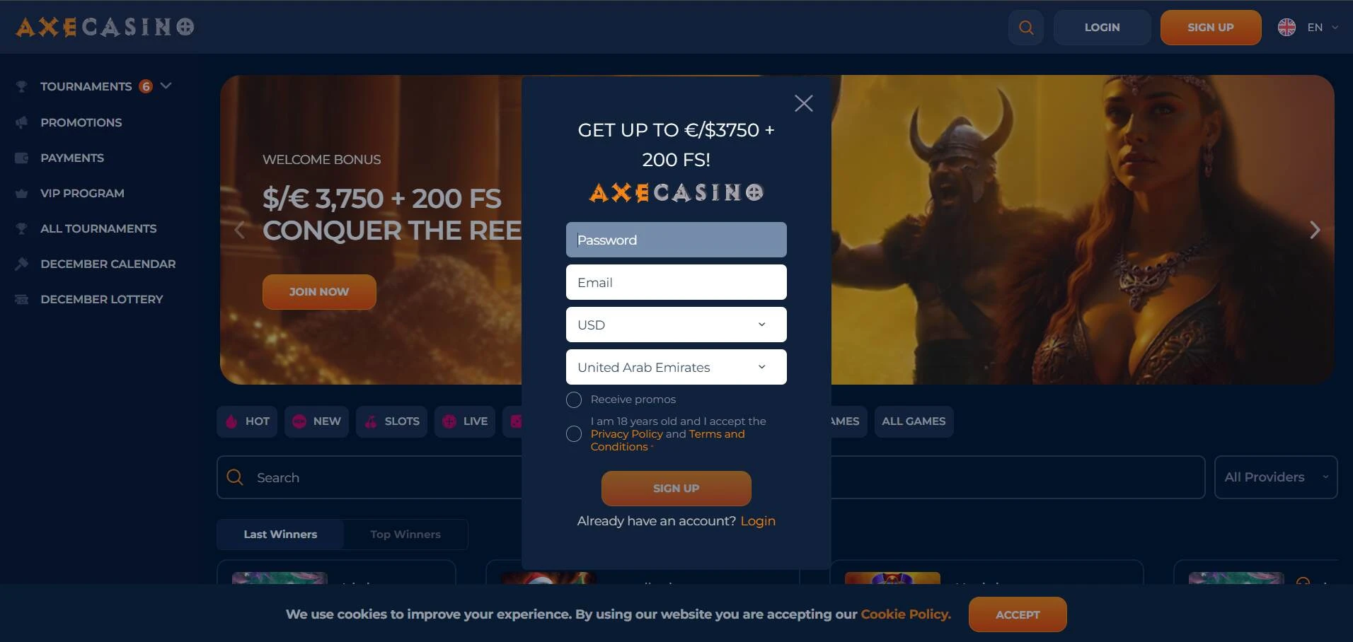 Axe Casino login screenshot