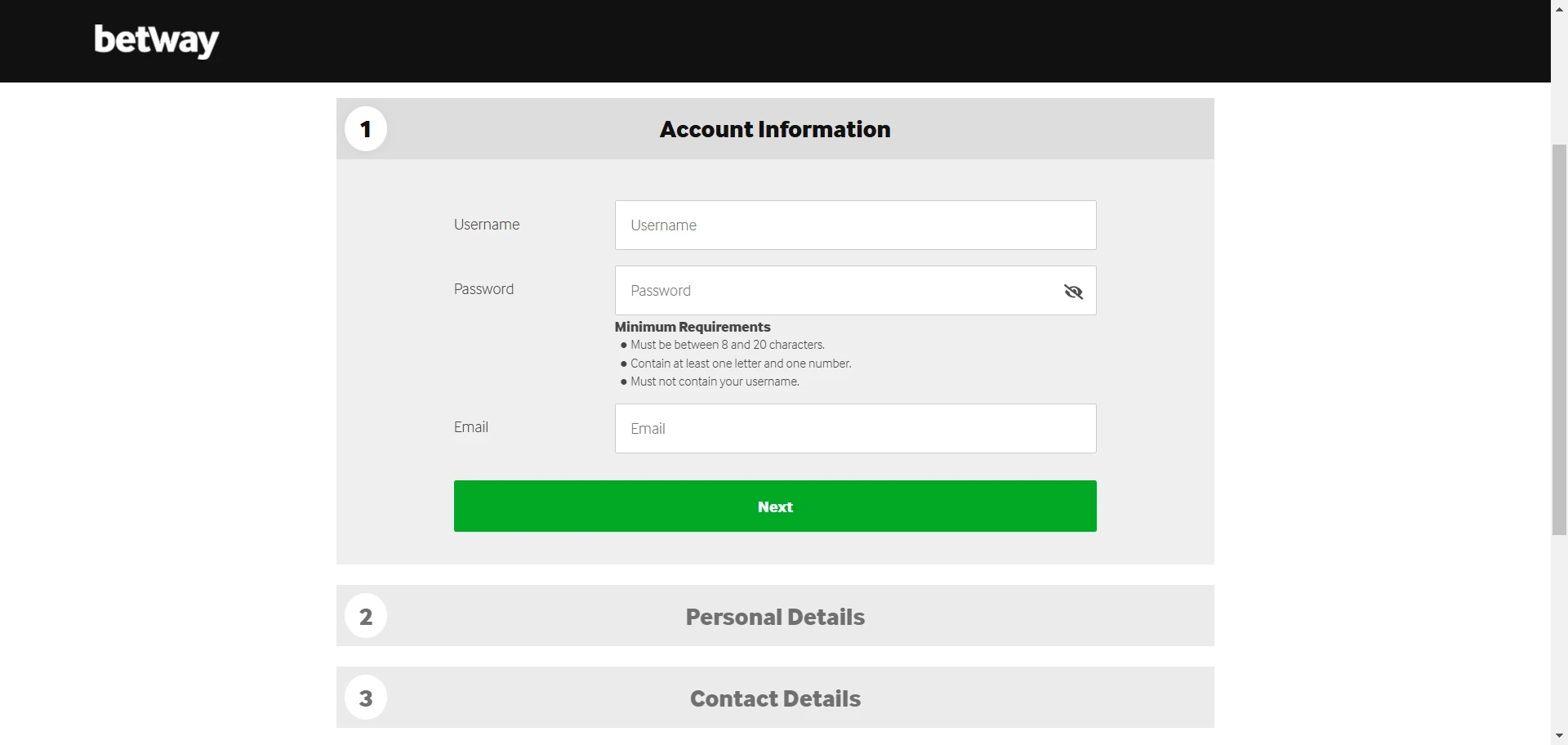 Betway login screenshot