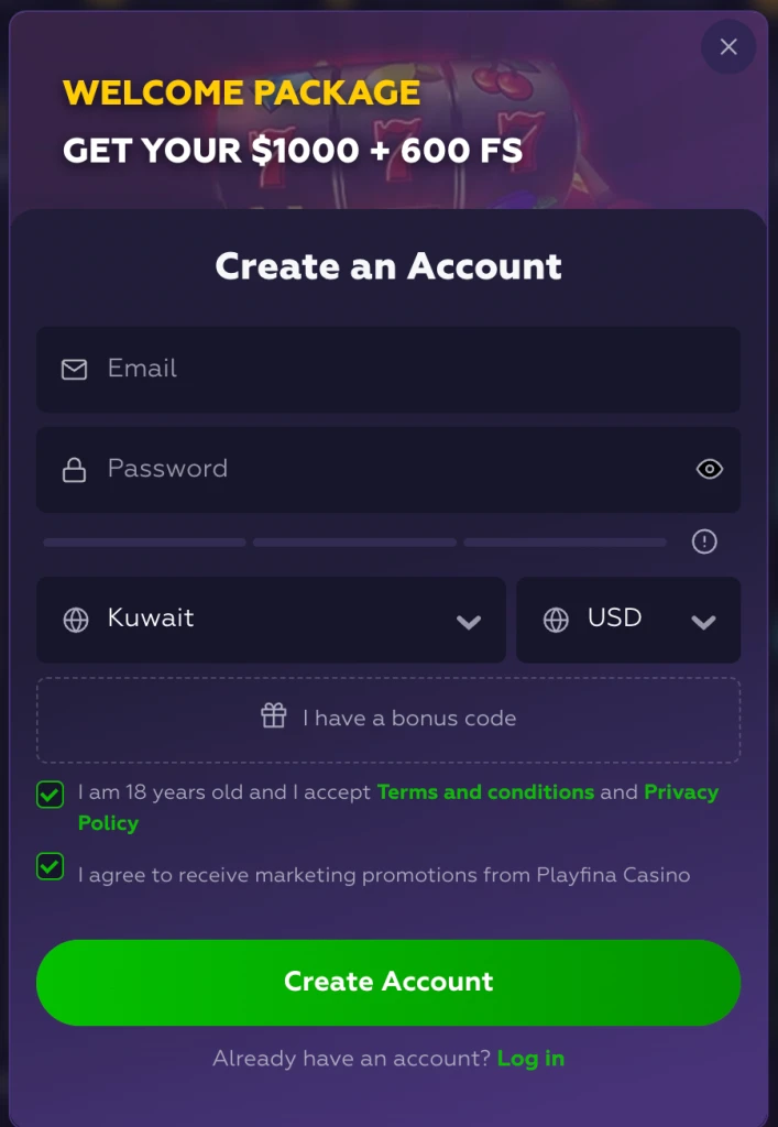 Create an Account - Playfina