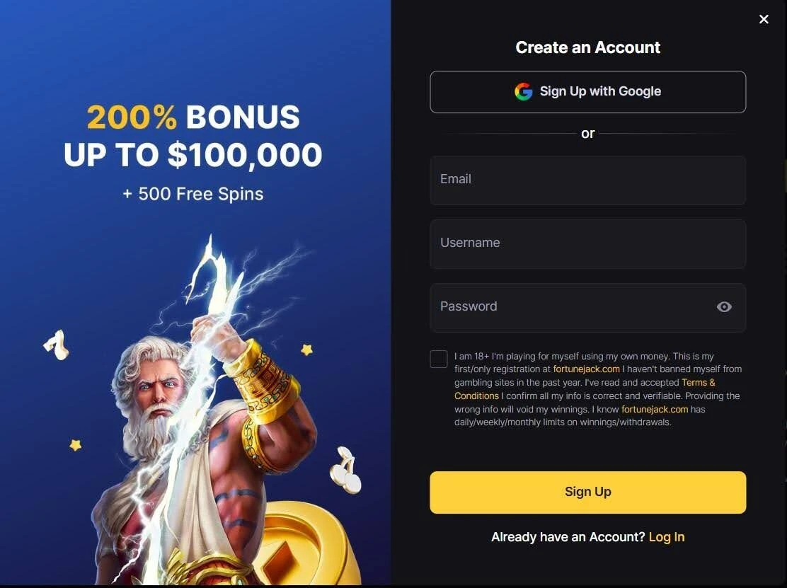 FortuneJack Casino create an account