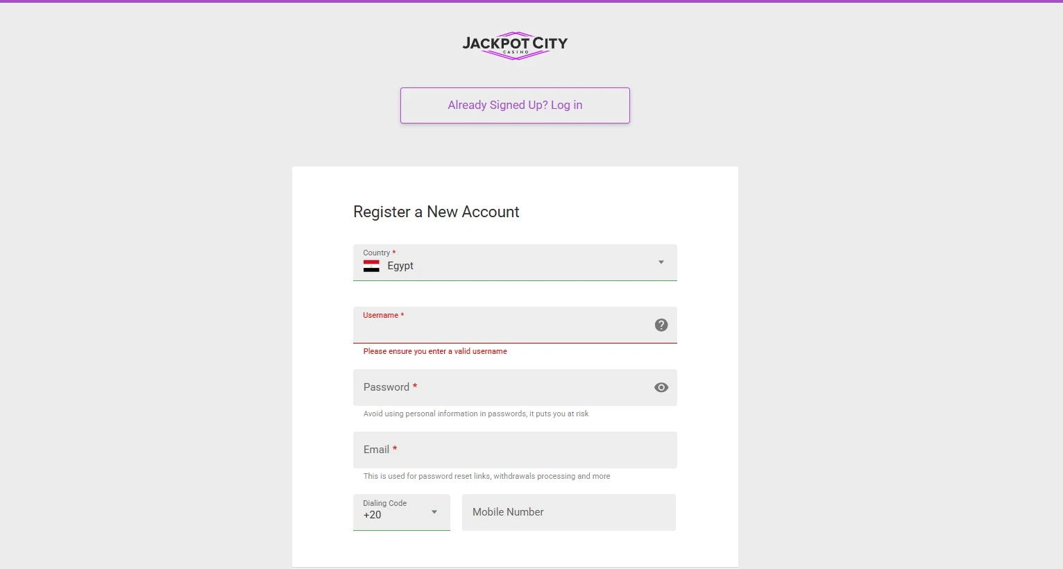 Jackpotcity sign up screenshot
