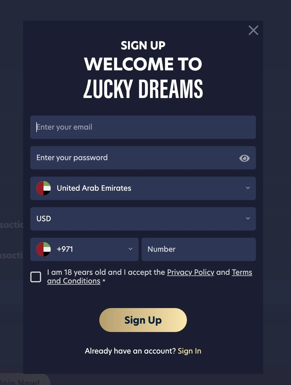 Lucky Dreams signup screenshot