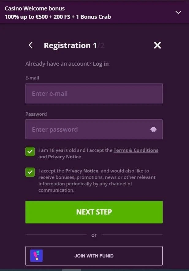 Malina Casino sign up 1