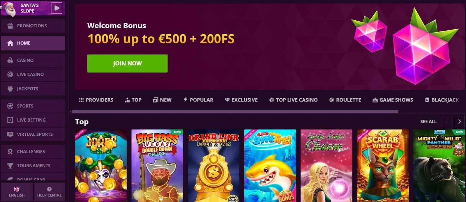 Malina Casino welcome bonus screen