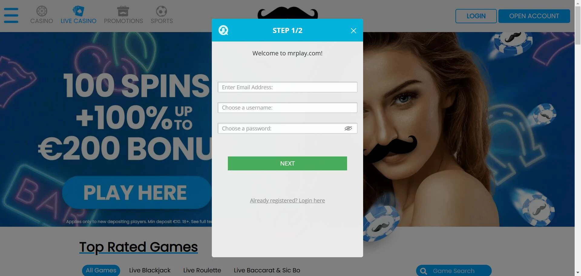 Mr Play login screenshot