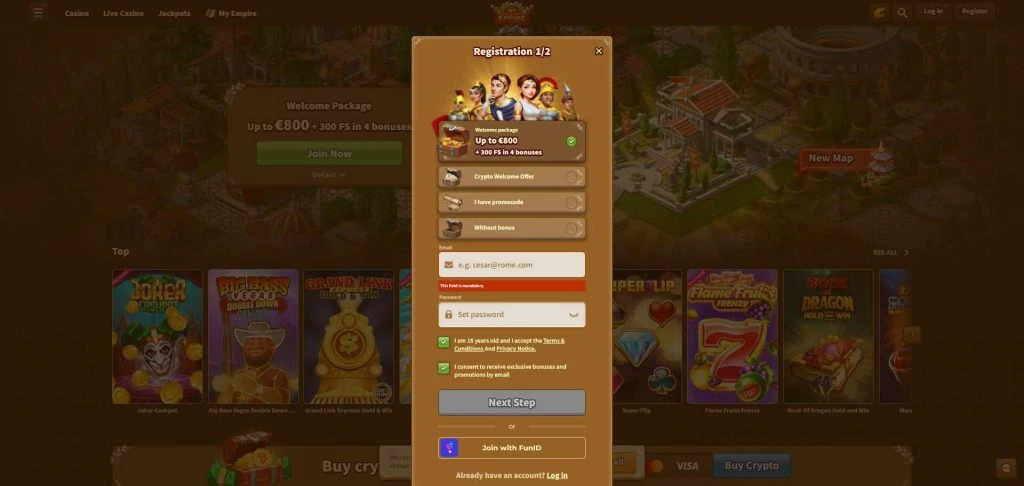 MyEmpire Casino registration screenshot