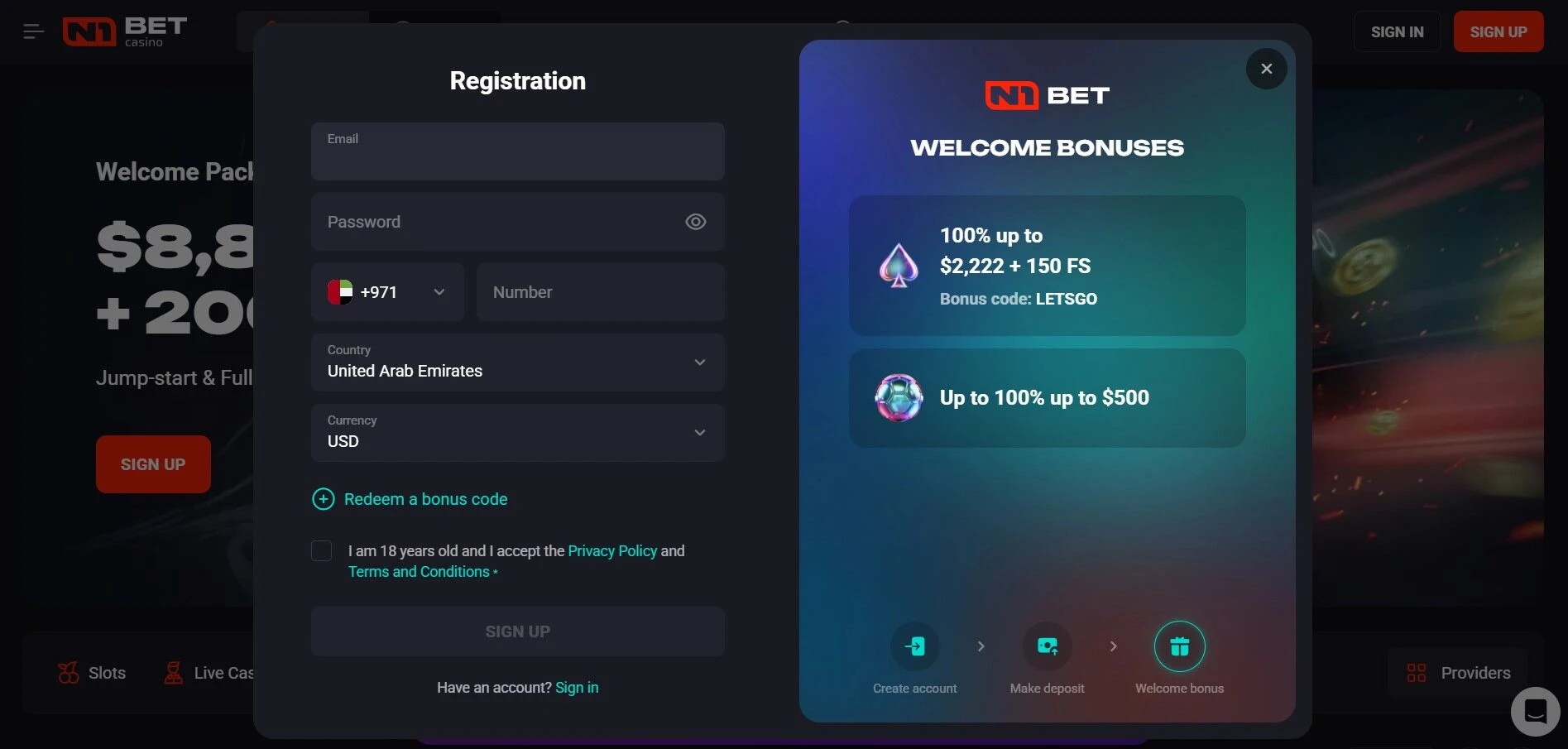 N1bet sign up screenshot