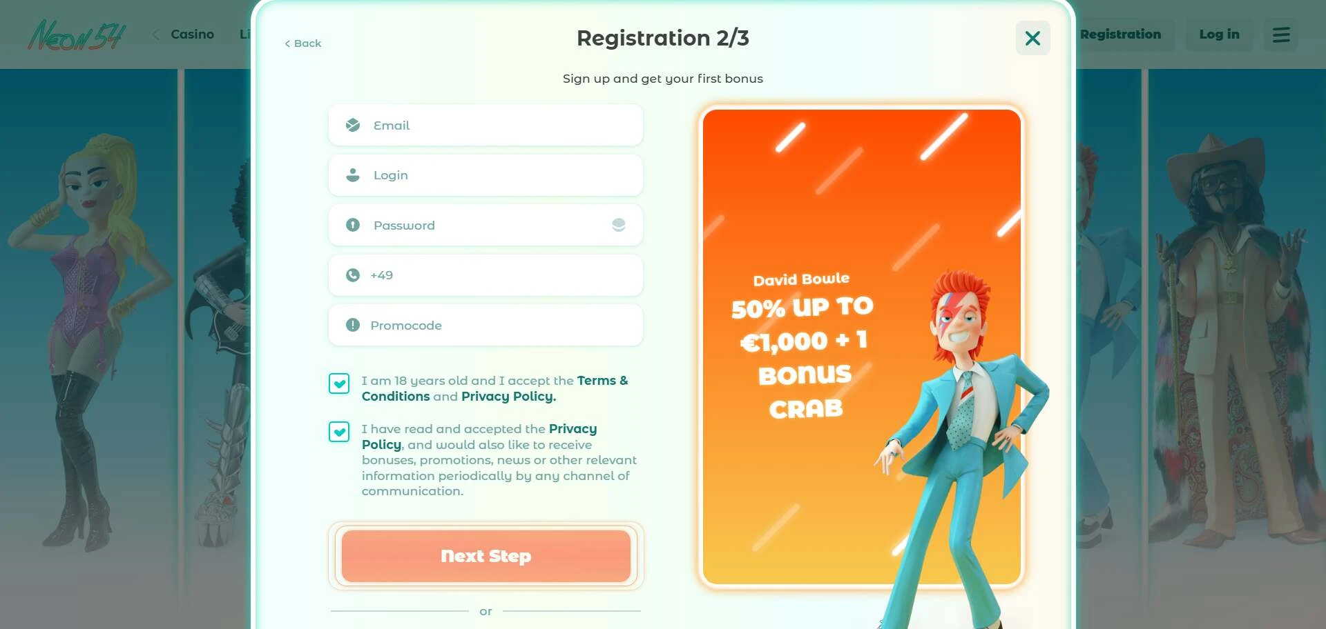Neon54 registration 2/3 screenshot