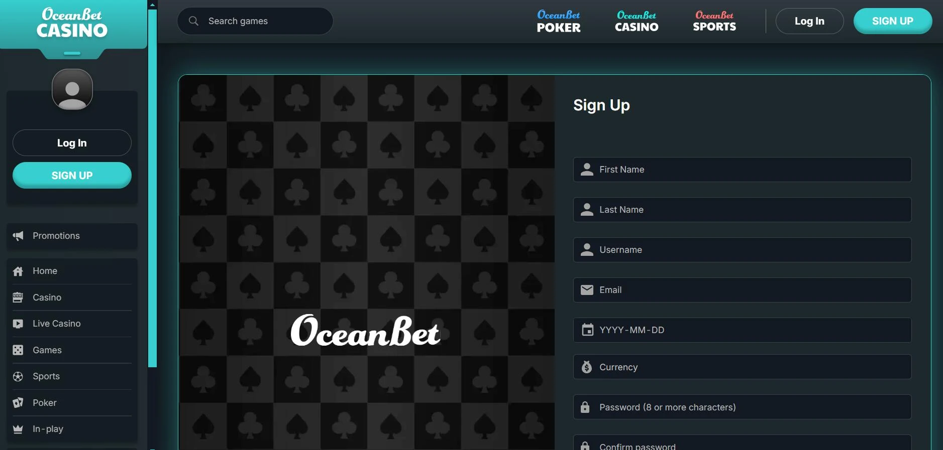 Oceanbet login Screenshot