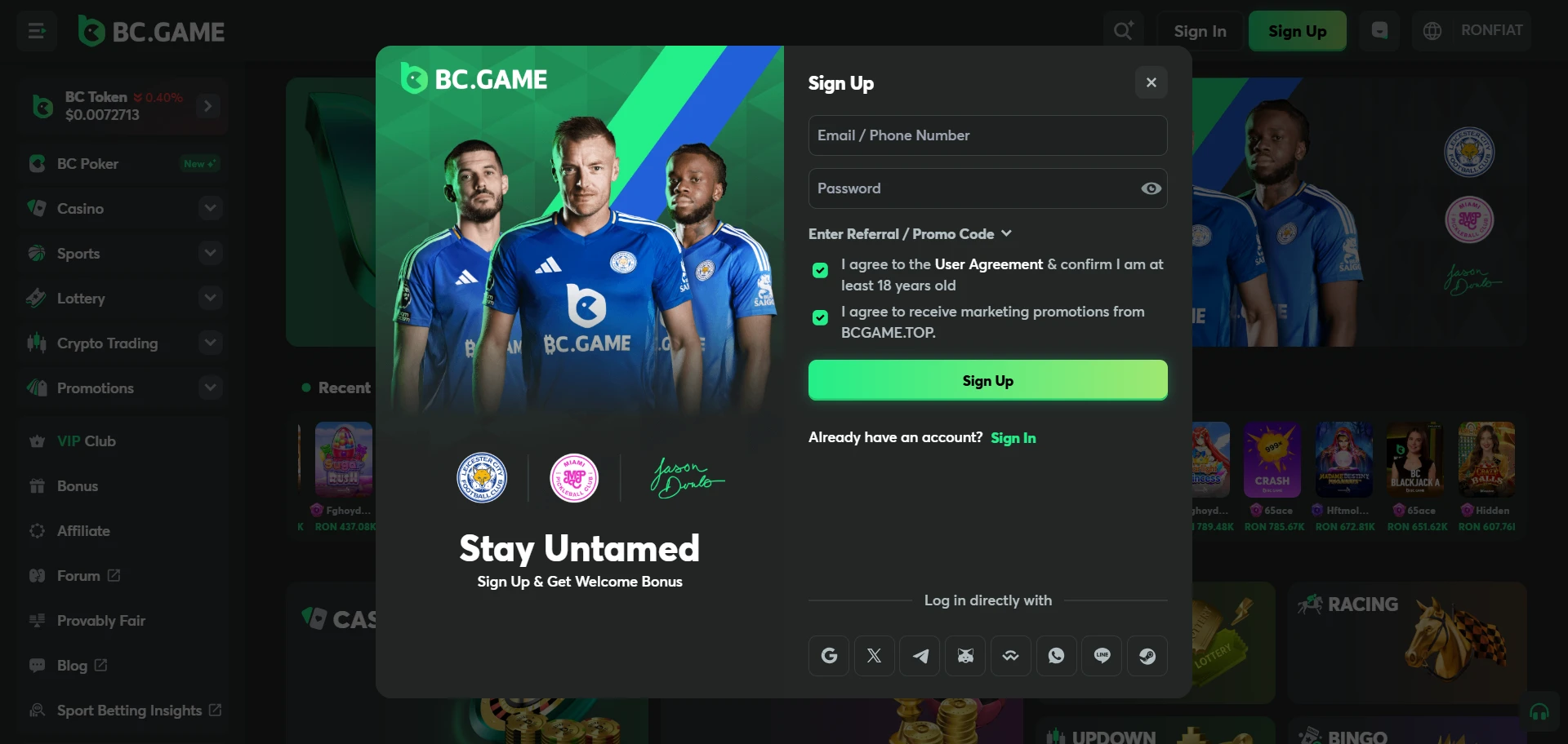 BCGAME sign up screenshot