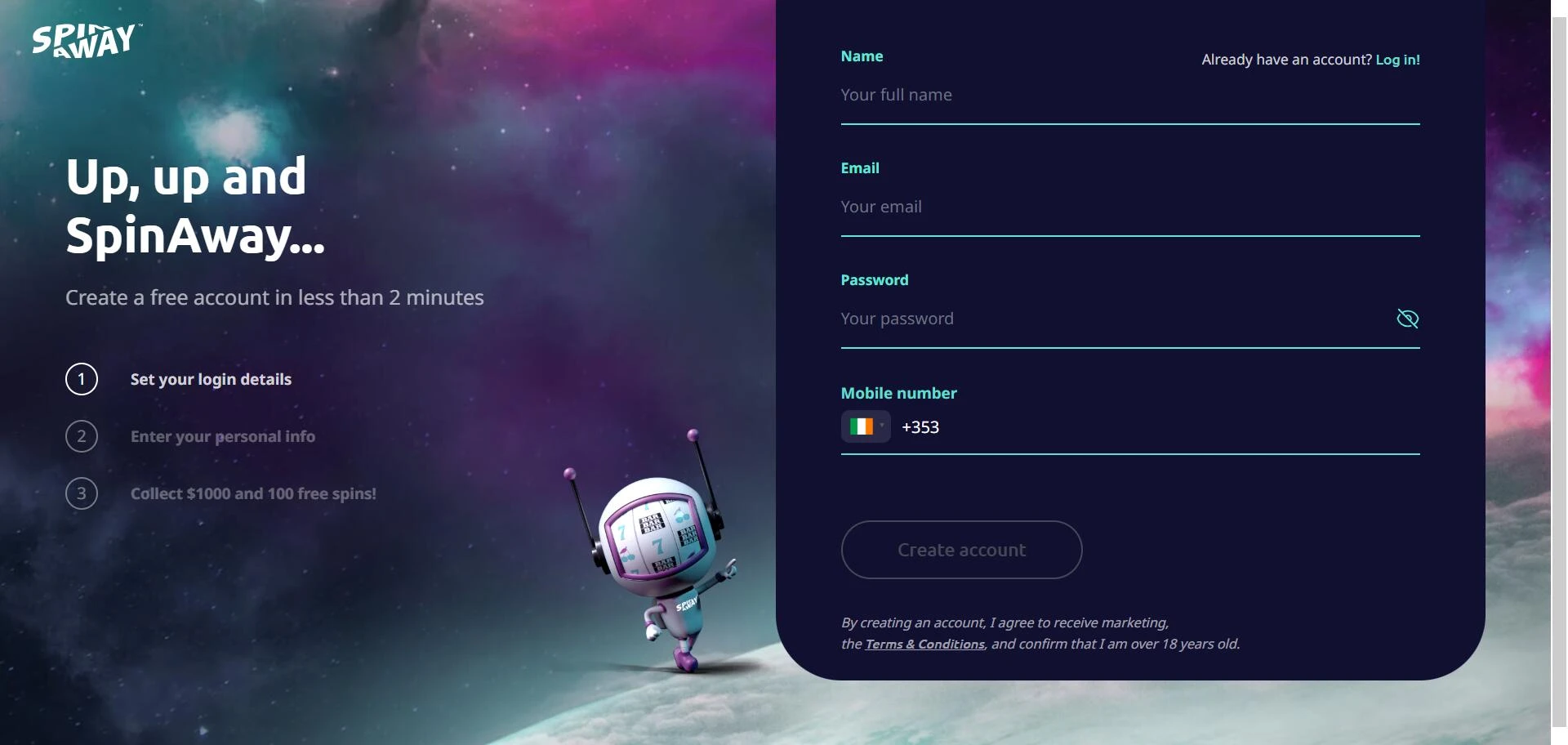 SpinAway registration screenshot
