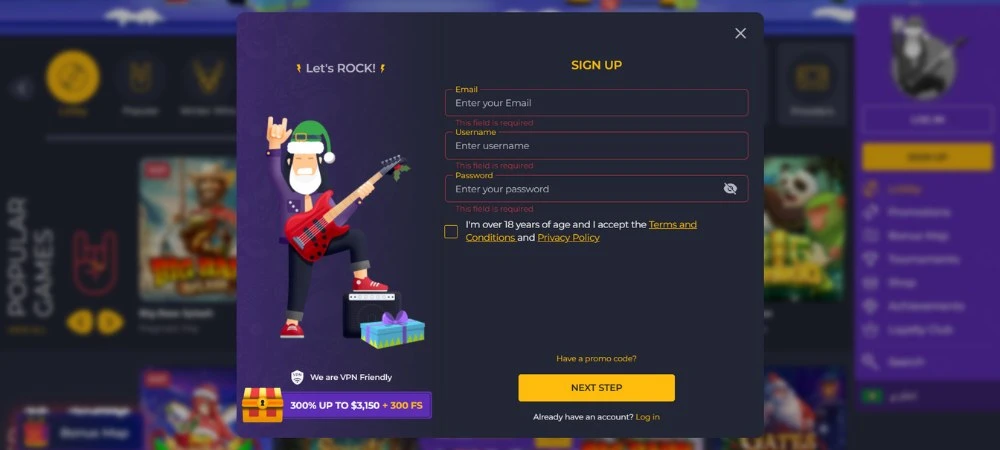 rollingslots sign up 1st step