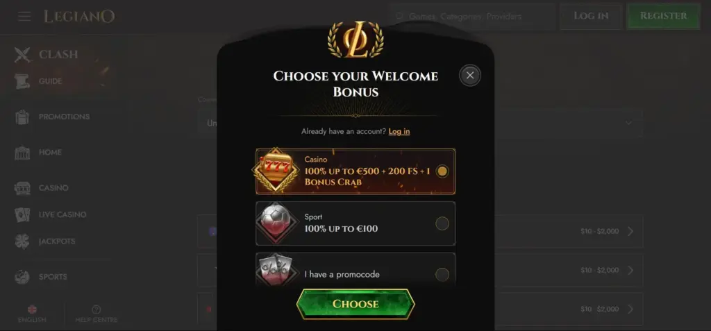 legiano choose a welcome bonus