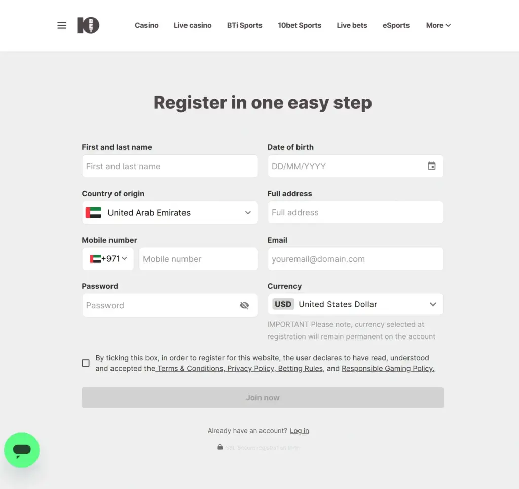 10bet casino one-step registration
